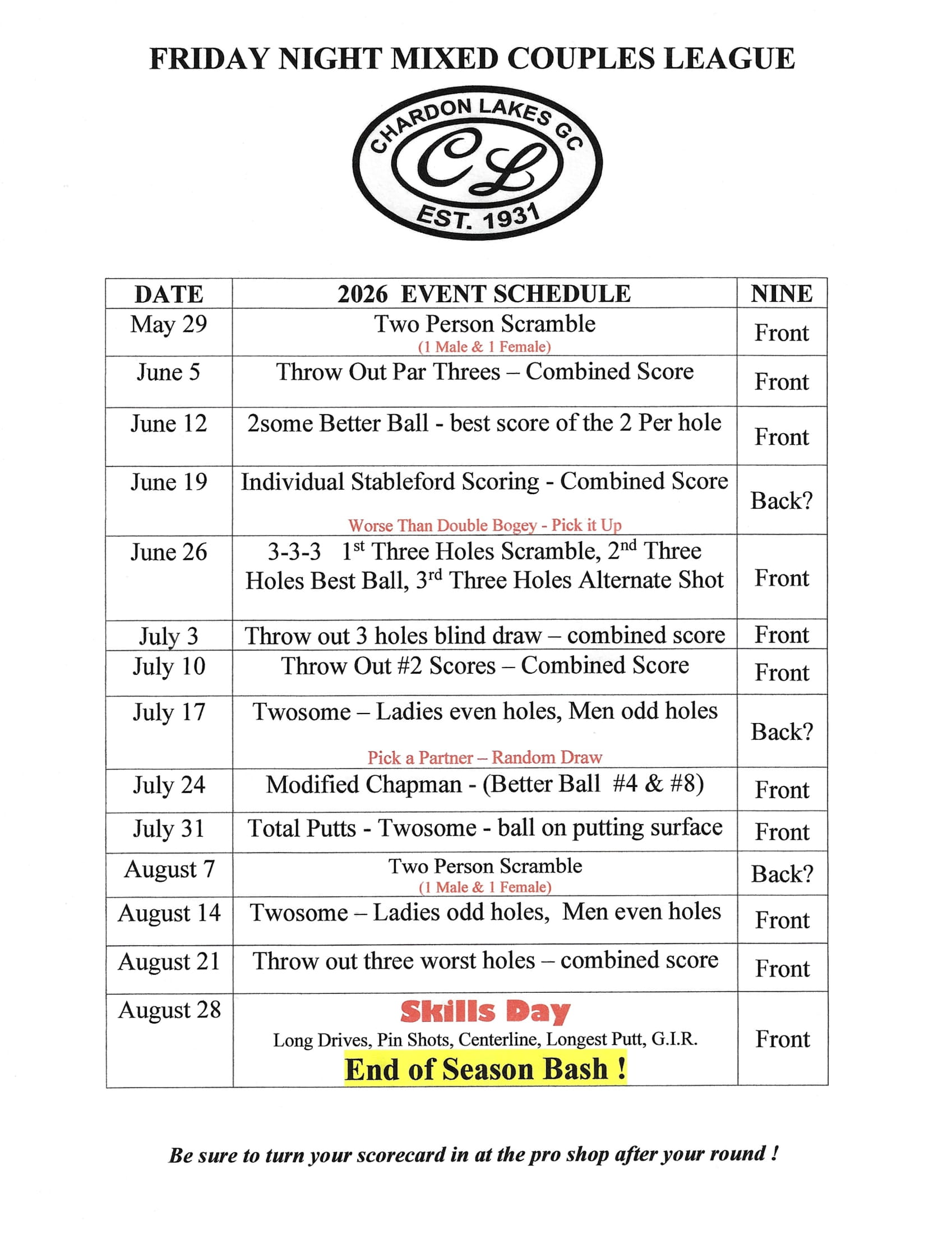 Couples League Event Schedule 2026